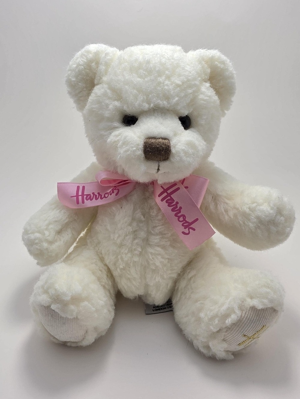 Harrods Cream Teddy Bear Pink Ribbon. Vintage Plush (8 inch)